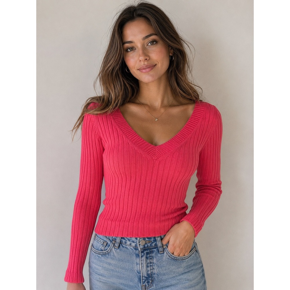 Express Womens Hot Pink Ribbed Knit V-Neck Long Sleeve Sweater Size M 400263